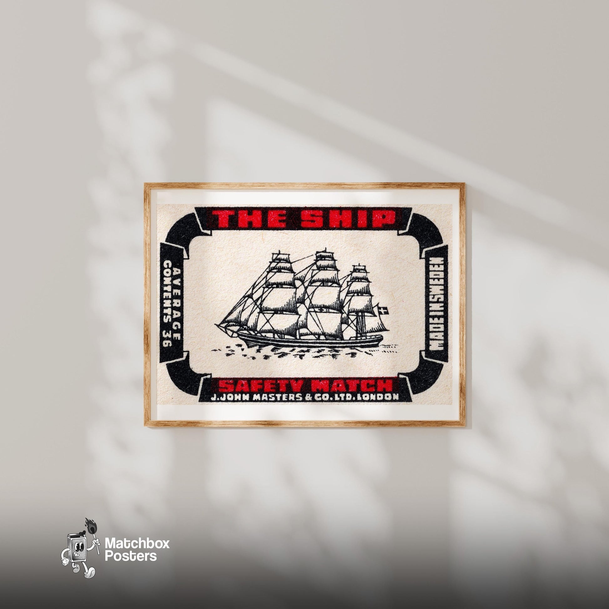 Sailing Ship - vintage matchbox label print - bedroom mockup