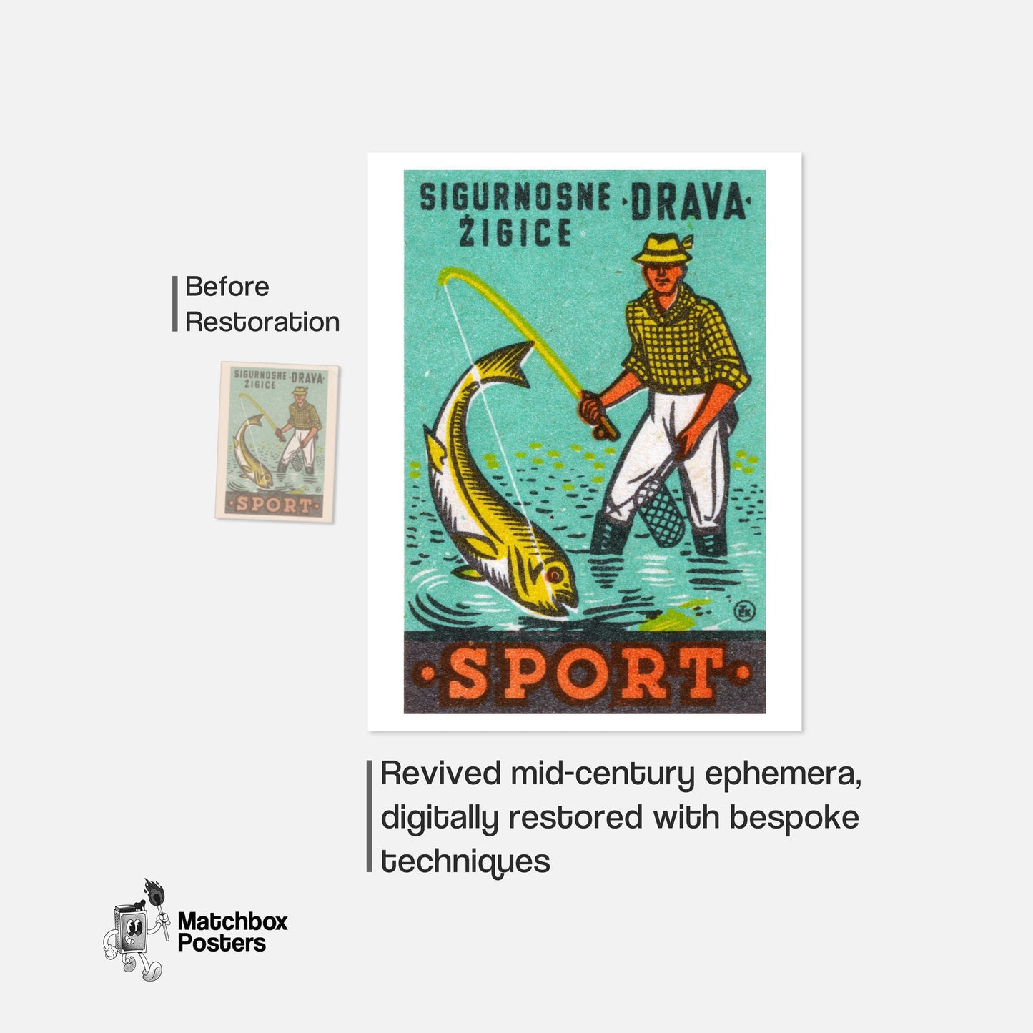Fishing Man - vintage matchbox label print - framed wall art preview