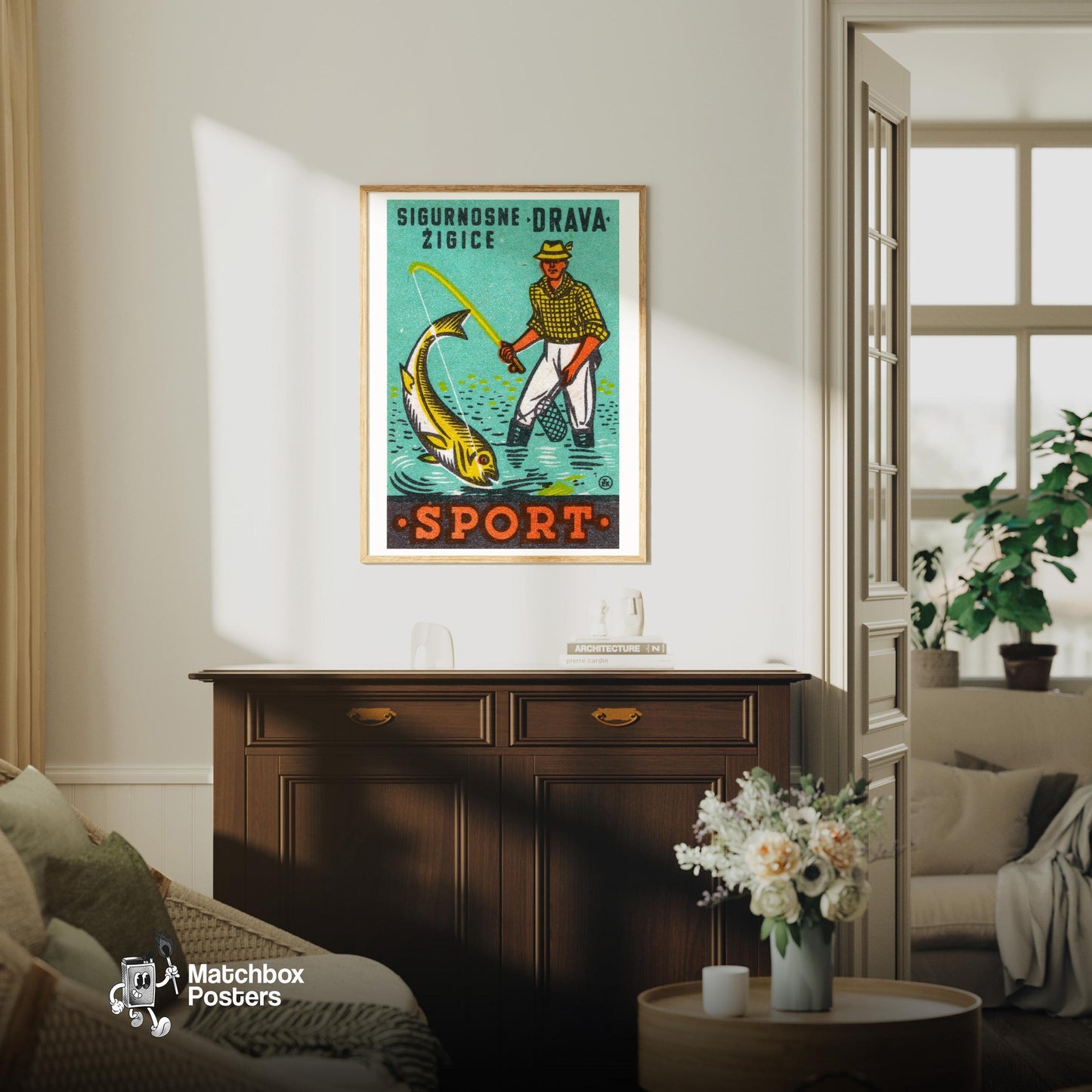 Fishing Man - vintage matchbox label print - living room mockup