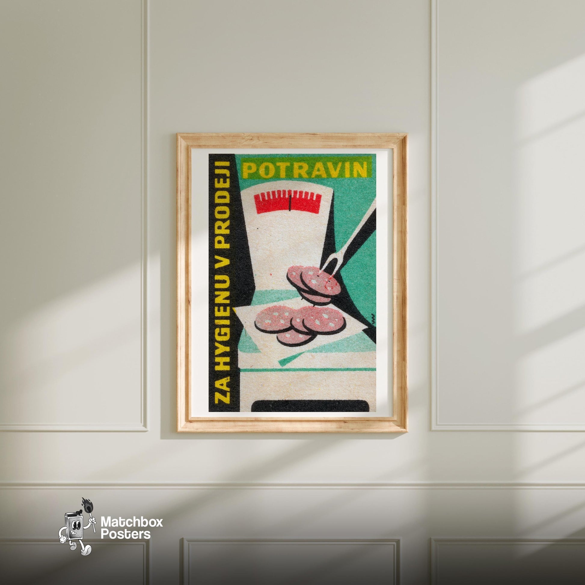Sausage on Scale - vintage matchbox label print - bedroom mockup
