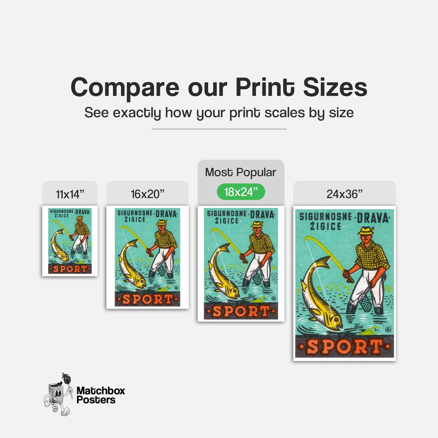 Fishing Man - vintage matchbox label print - gallery wall preview