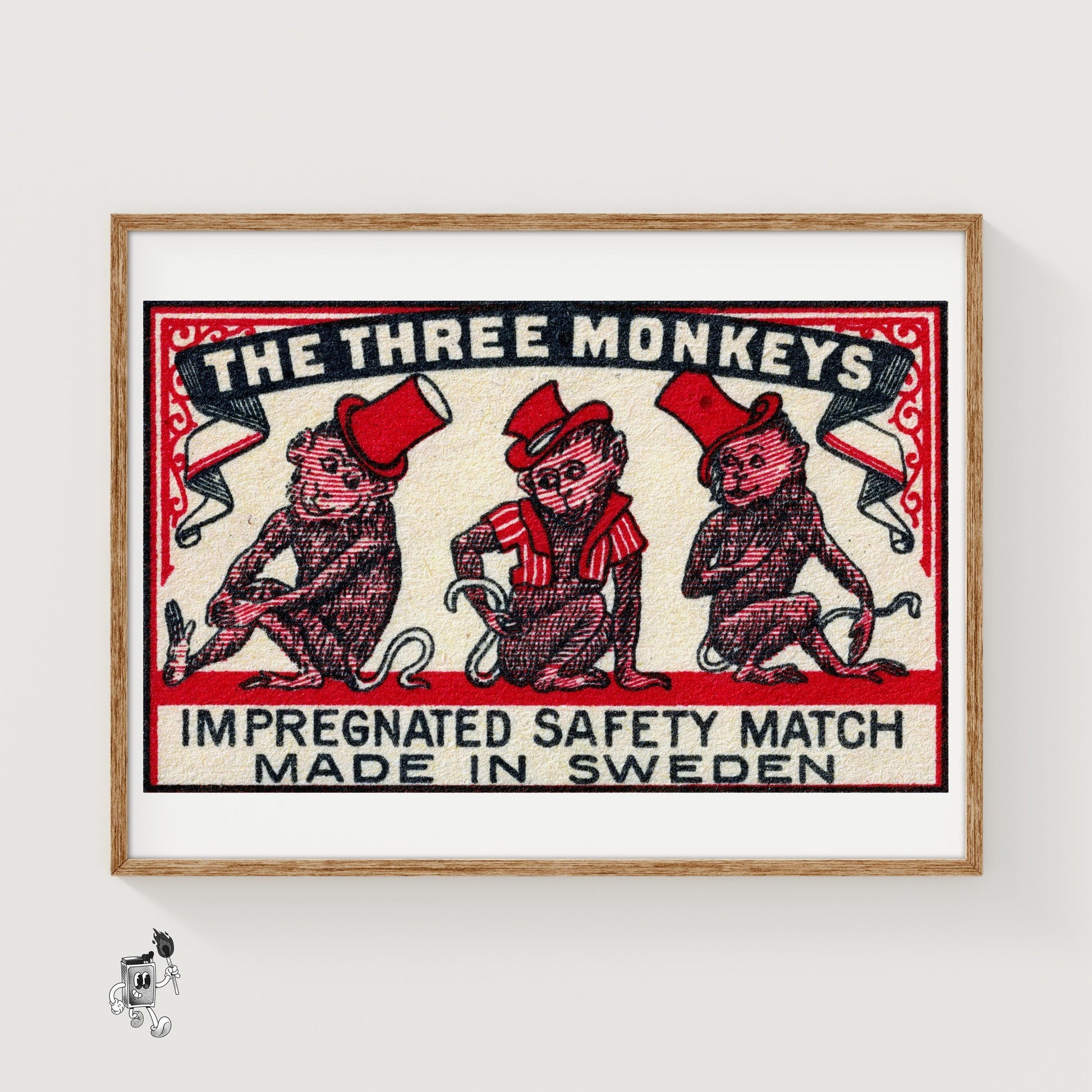 Three Monkeys - vintage matchbox label print