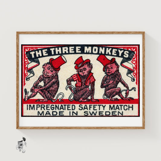 Three Monkeys - vintage matchbox label print