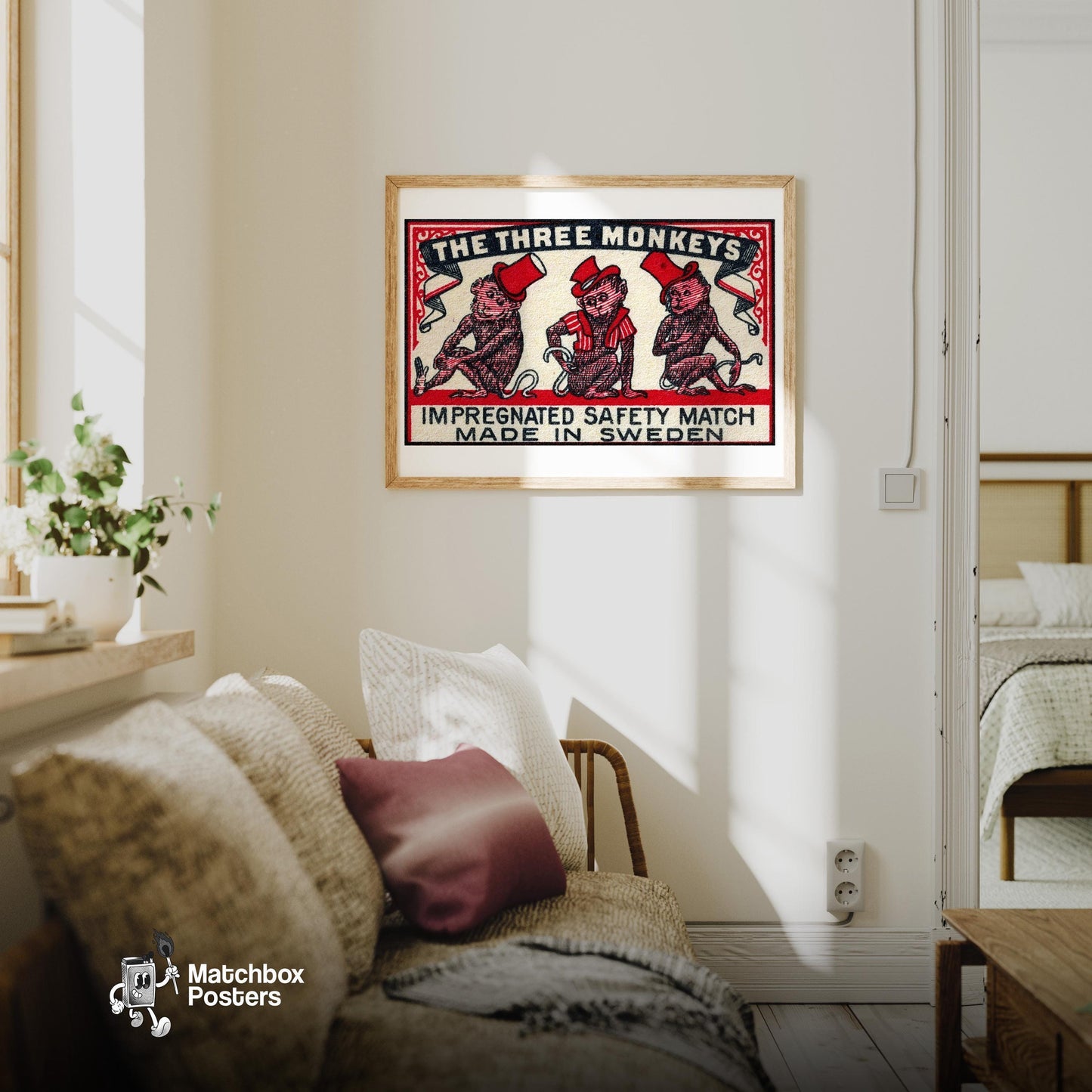 Three Monkeys - vintage matchbox label print - living room mockup