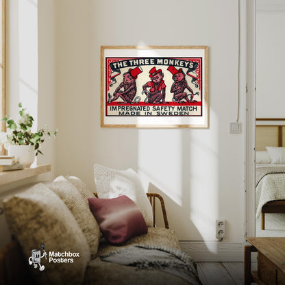 Three Monkeys - vintage matchbox label print - living room mockup