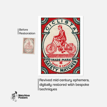 Cyclist - vintage matchbox label print - framed wall art preview