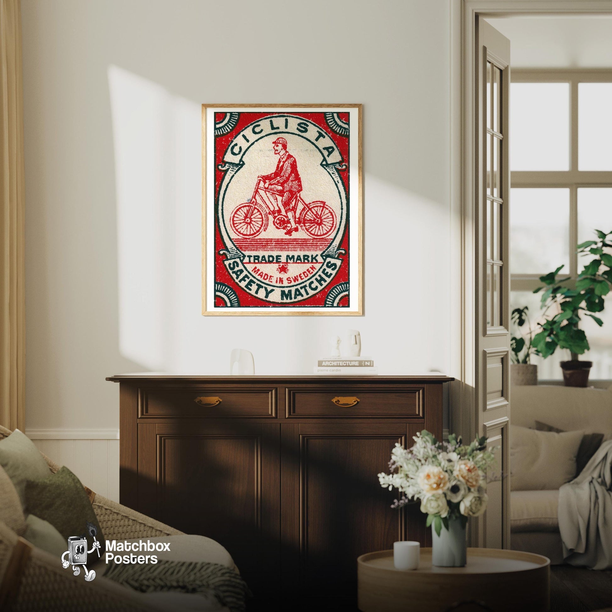 Cyclist - vintage matchbox label print - living room mockup