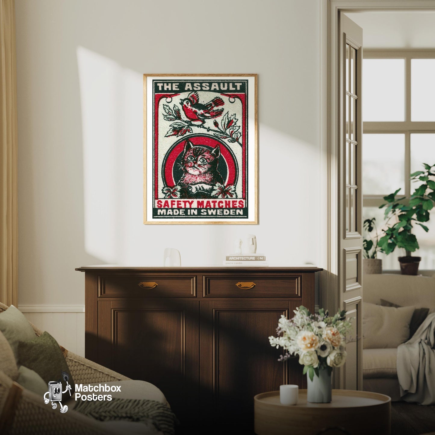 Cat and Bird - vintage matchbox label print - living room mockup