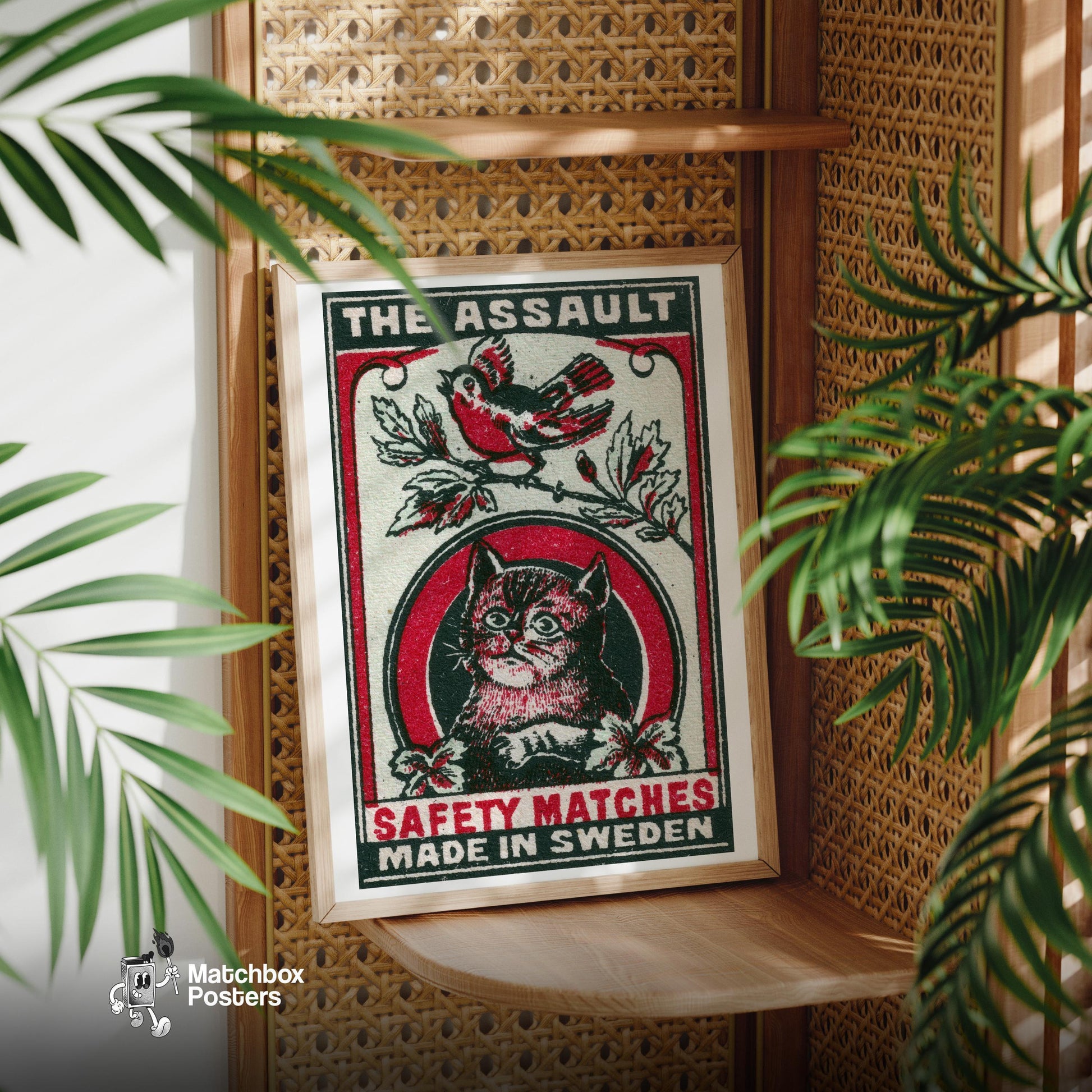 Cat and Bird - vintage matchbox label print - office wall
