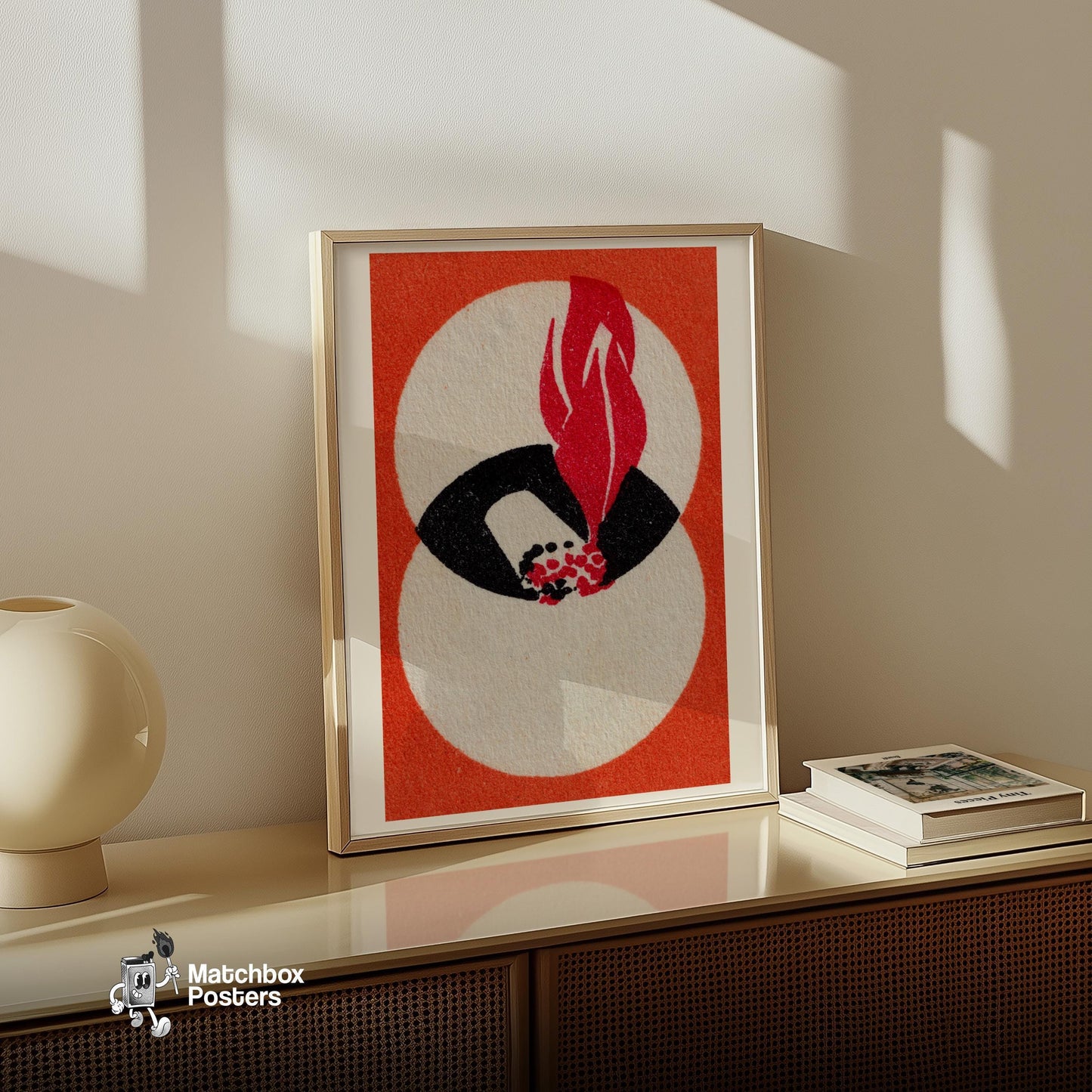 Abstract Flame - vintage matchbox label print - size comparison