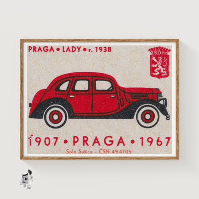 Red Vintage Car Matchbox Art Print, Czech Mid Century