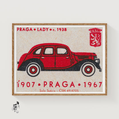 Red Vintage Car Matchbox Art Print, Czech Mid Century - vintage matchbox label print