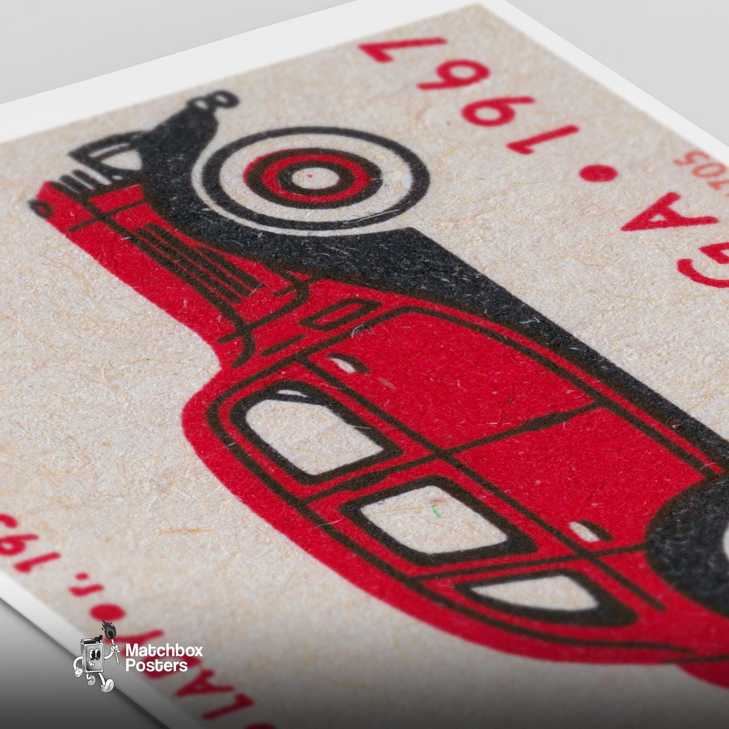 Red Vintage Car Matchbox Art Print, Czech Mid Century - vintage matchbox label print - close-up detail