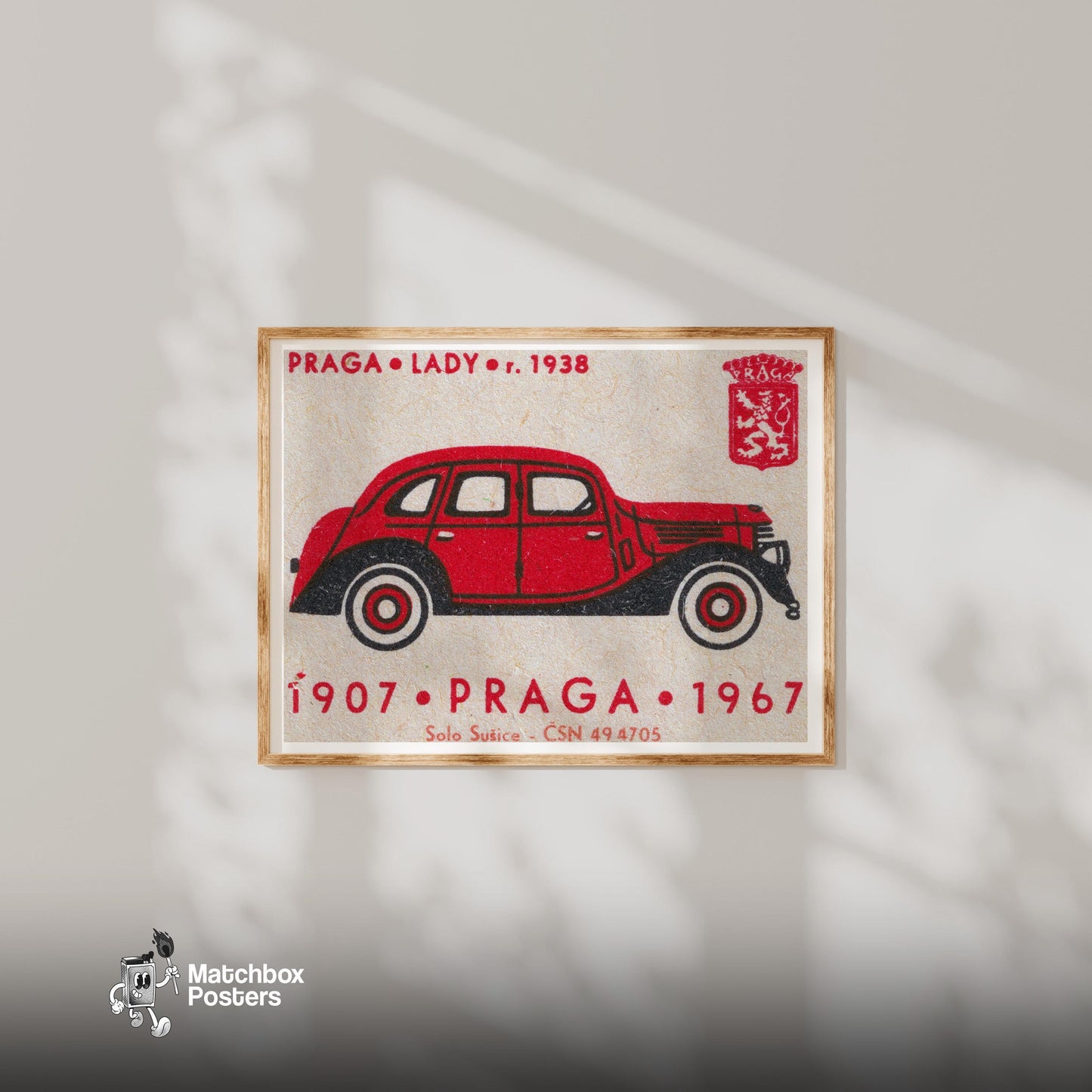 Red Vintage Car Matchbox Art Print, Czech Mid Century - vintage matchbox label print - bedroom mockup