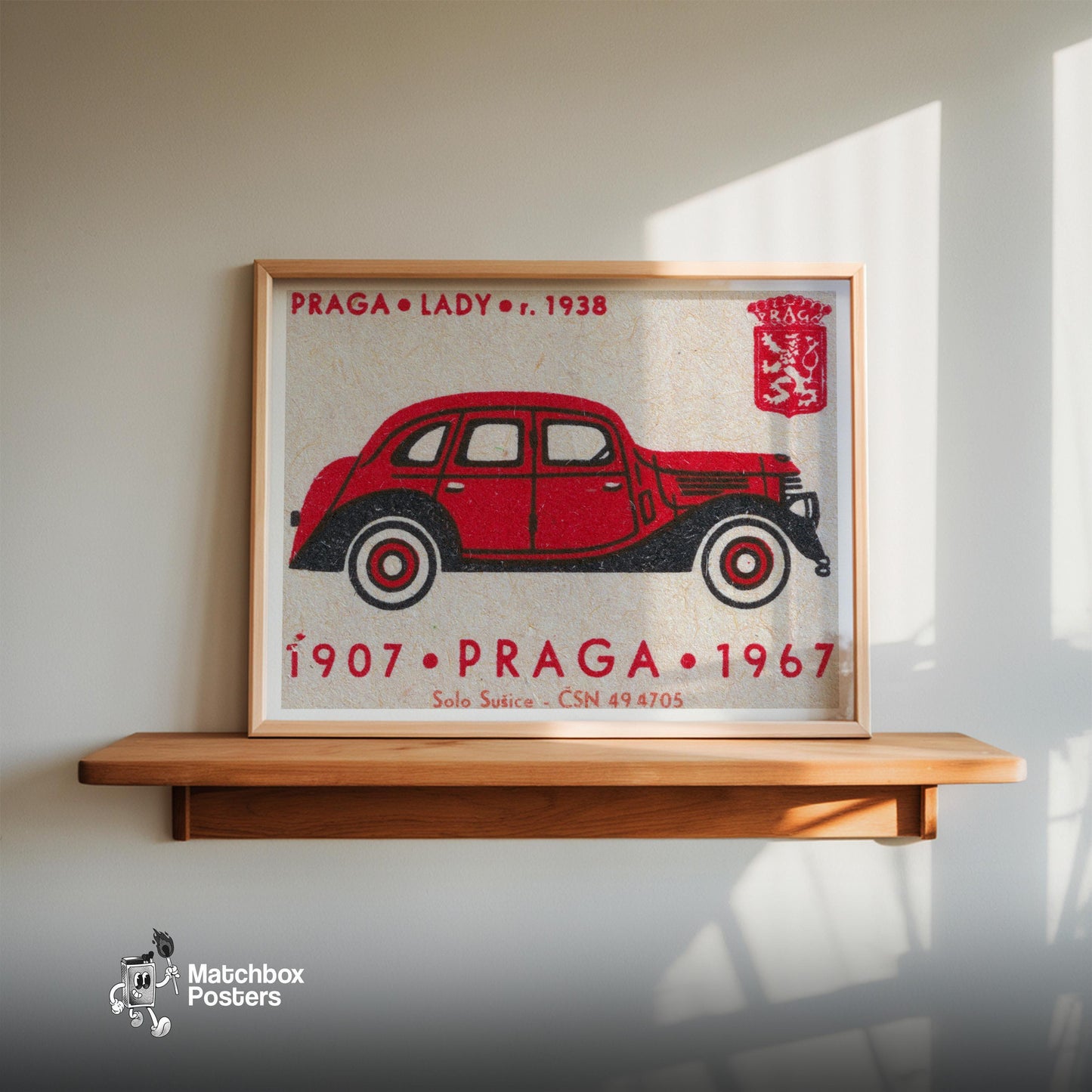 Red Vintage Car Matchbox Art Print, Czech Mid Century - vintage matchbox label print - size comparison