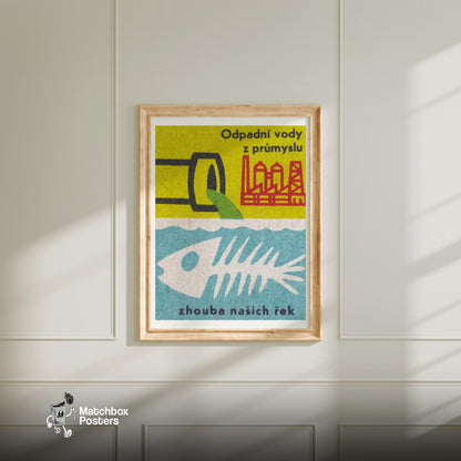 Industrial Waste Water - vintage matchbox label print - bedroom mockup