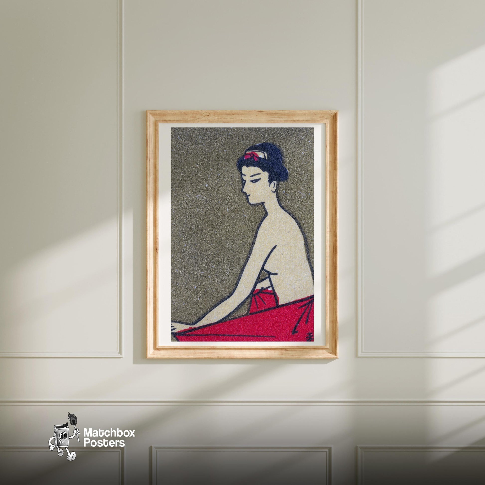 Japanese Woman - vintage matchbox label print - bedroom mockup