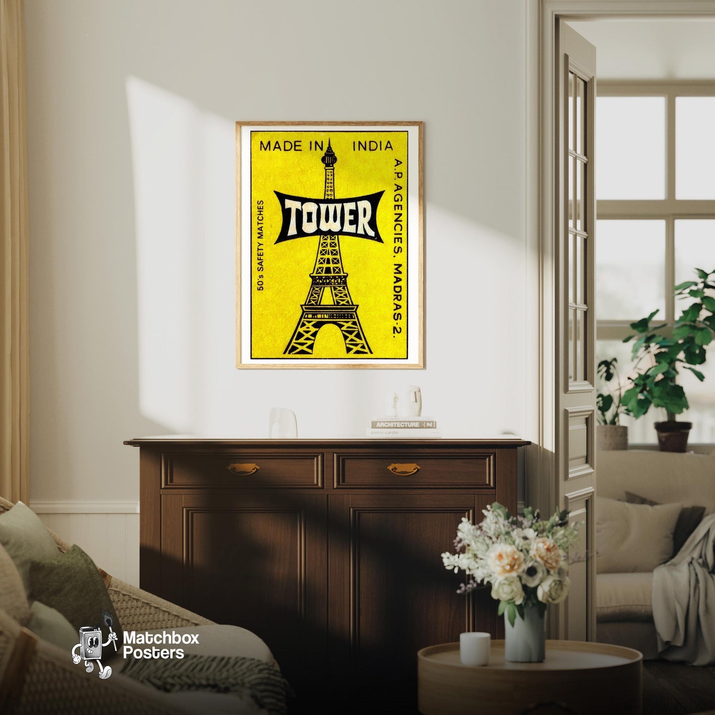 Eiffel Tower - vintage matchbox label print - living room mockup