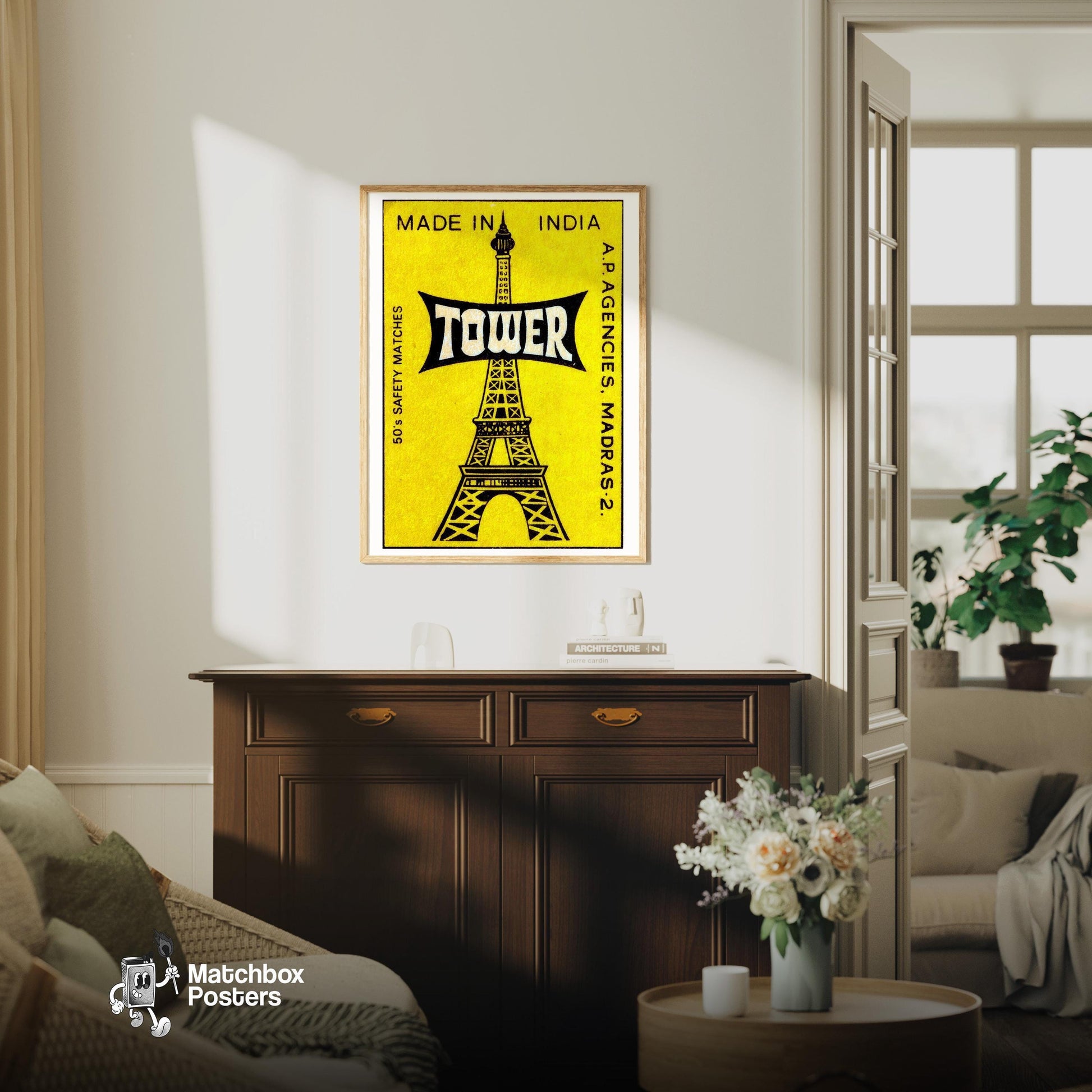 Eiffel Tower - vintage matchbox label print - living room mockup