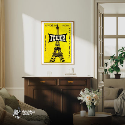 Eiffel Tower - vintage matchbox label print - living room mockup