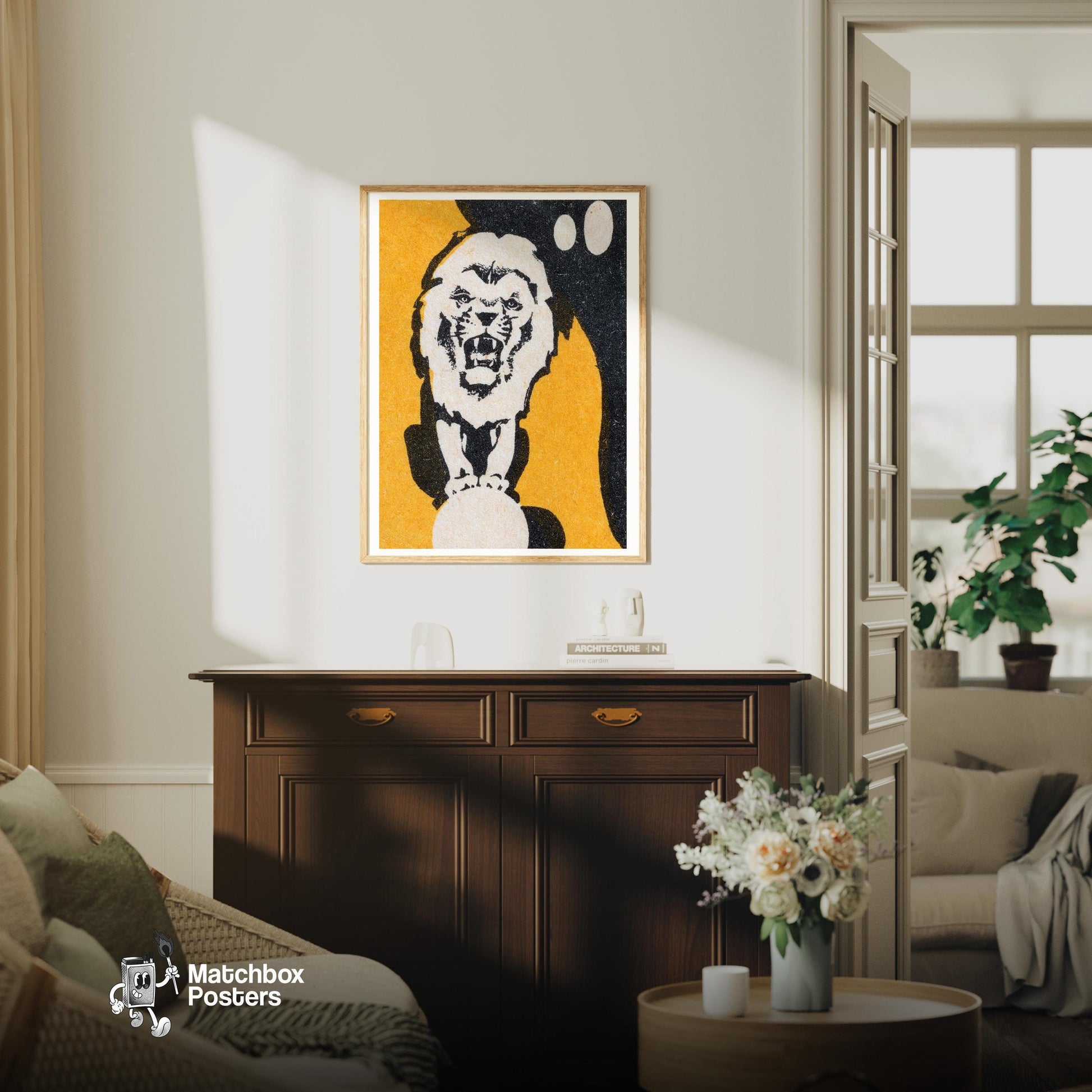 Roaring Lion - vintage matchbox label print - living room mockup