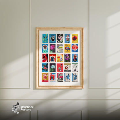 Matchbox Grid - vintage matchbox label print - living room mockup