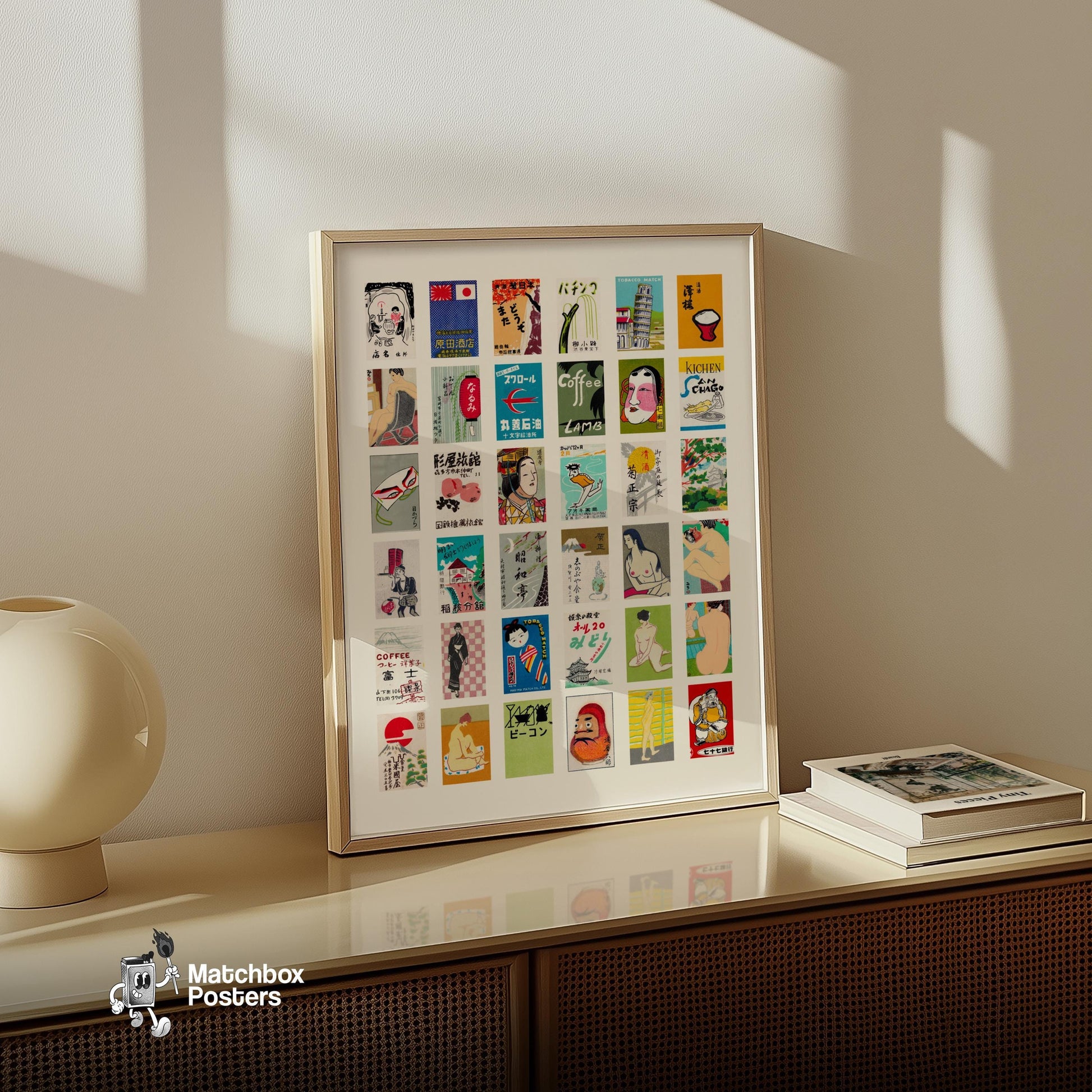 Japaneses Collage Print - vintage matchbox label print - bedroom mockup
