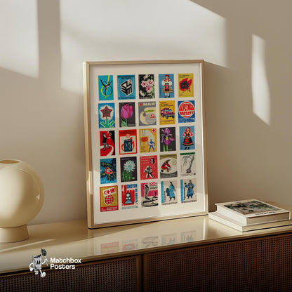 Matchbox Grid - vintage matchbox label print - bedroom mockup