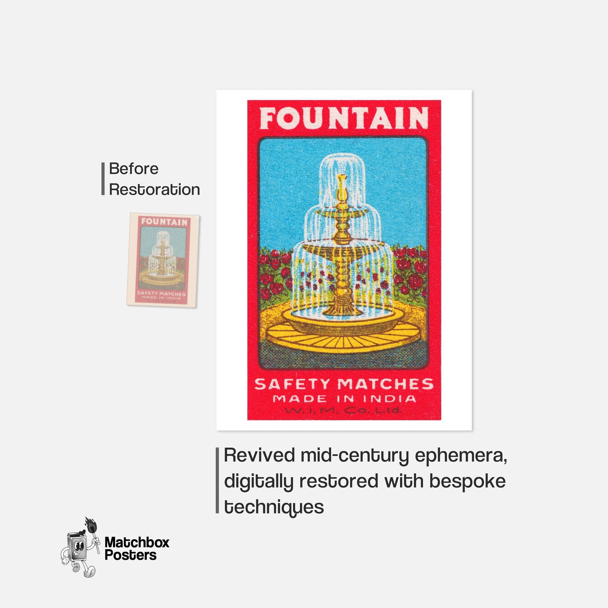 Fountain - vintage matchbox label print - framed wall art preview
