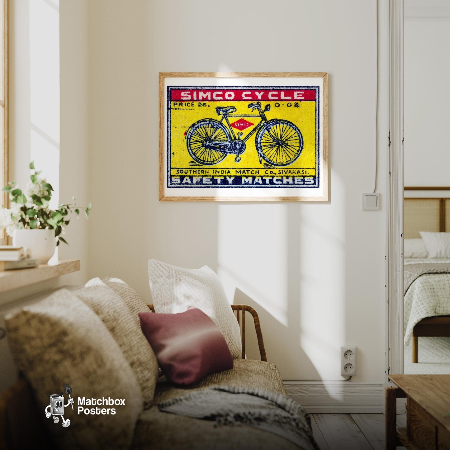 Bicycle - vintage matchbox label print - living room mockup