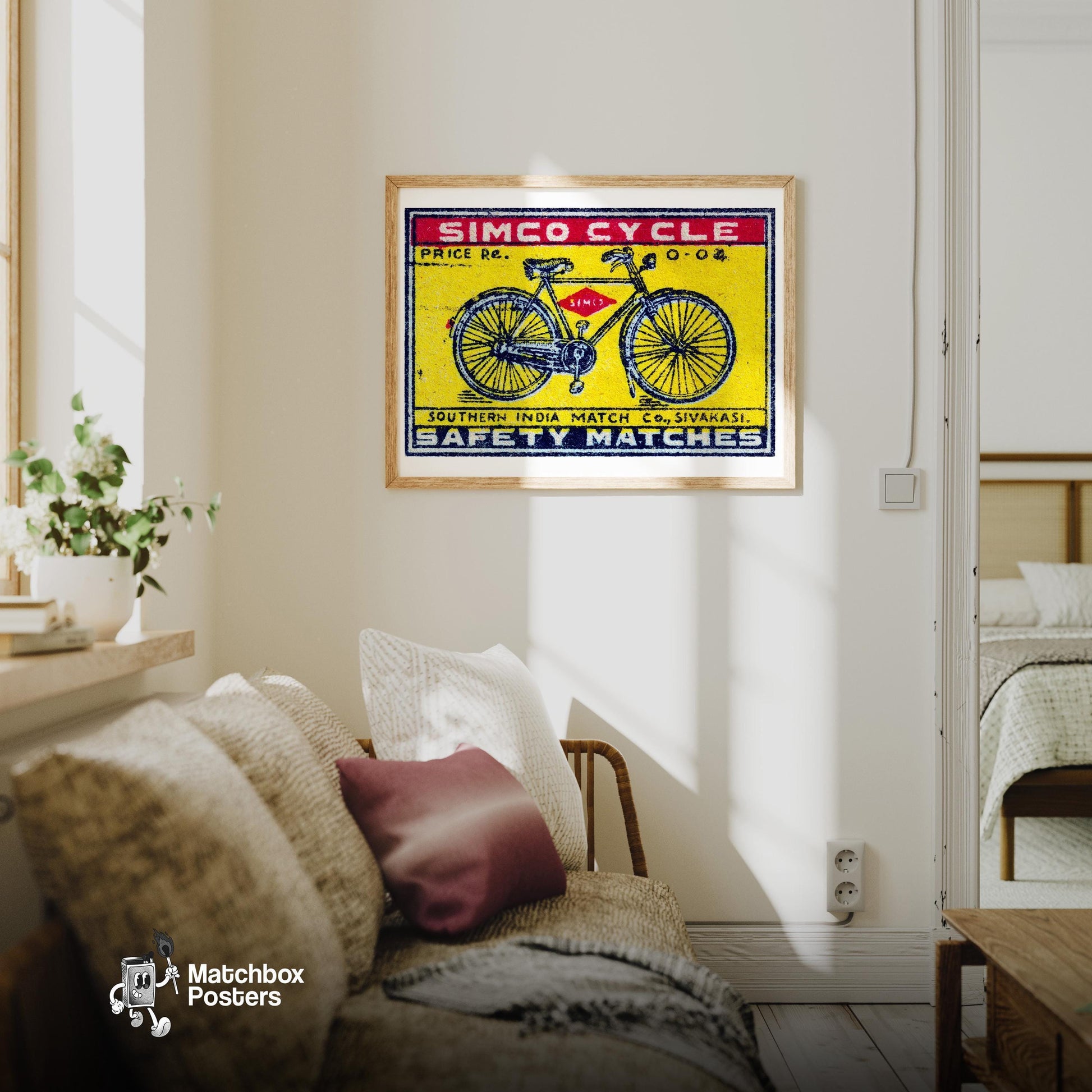 Bicycle - vintage matchbox label print - living room mockup