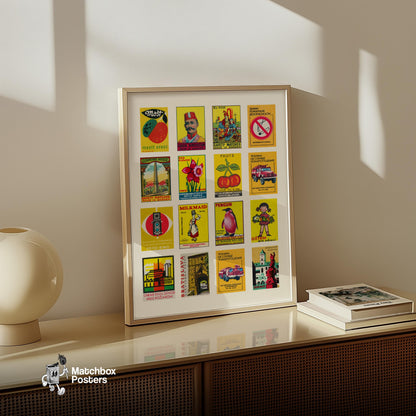Yellow and Red Collage - vintage matchbox label print - bedroom mockup