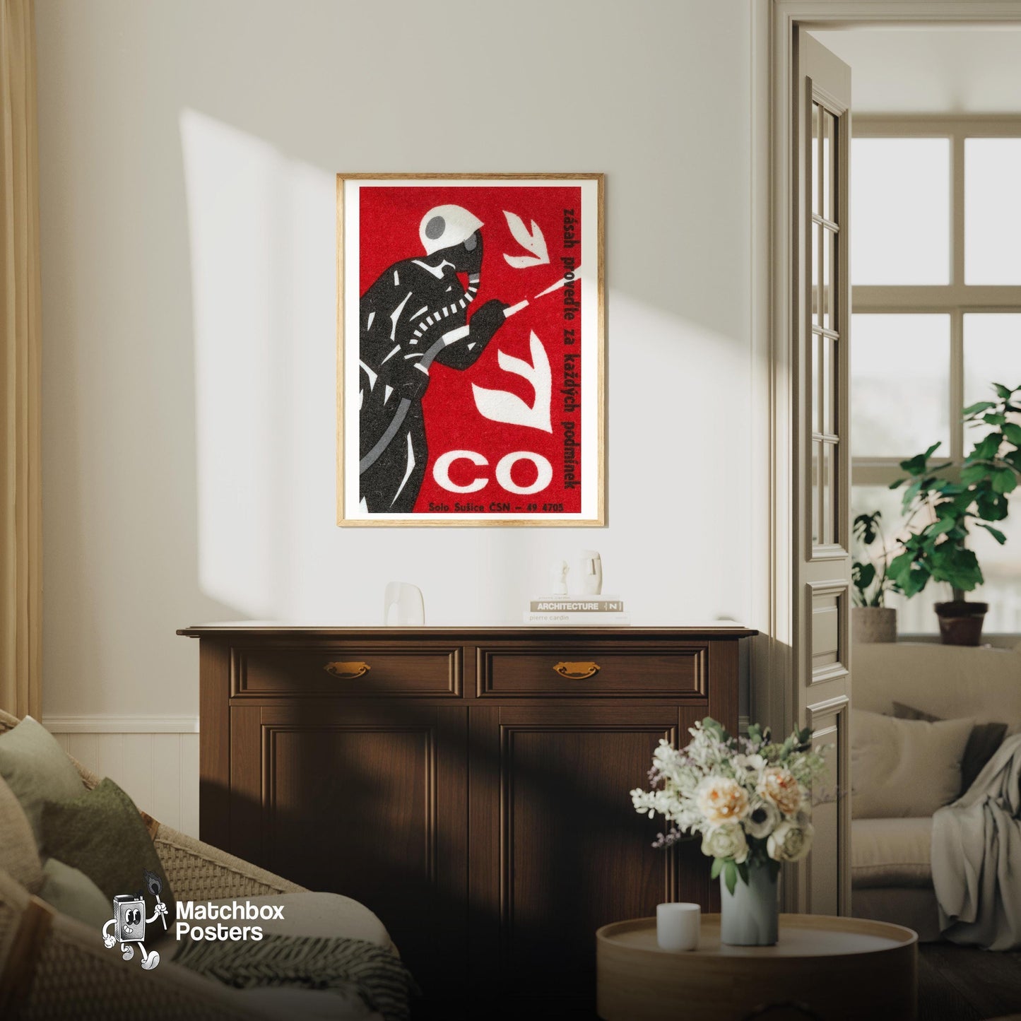 Firefighter - vintage matchbox label print - living room mockup