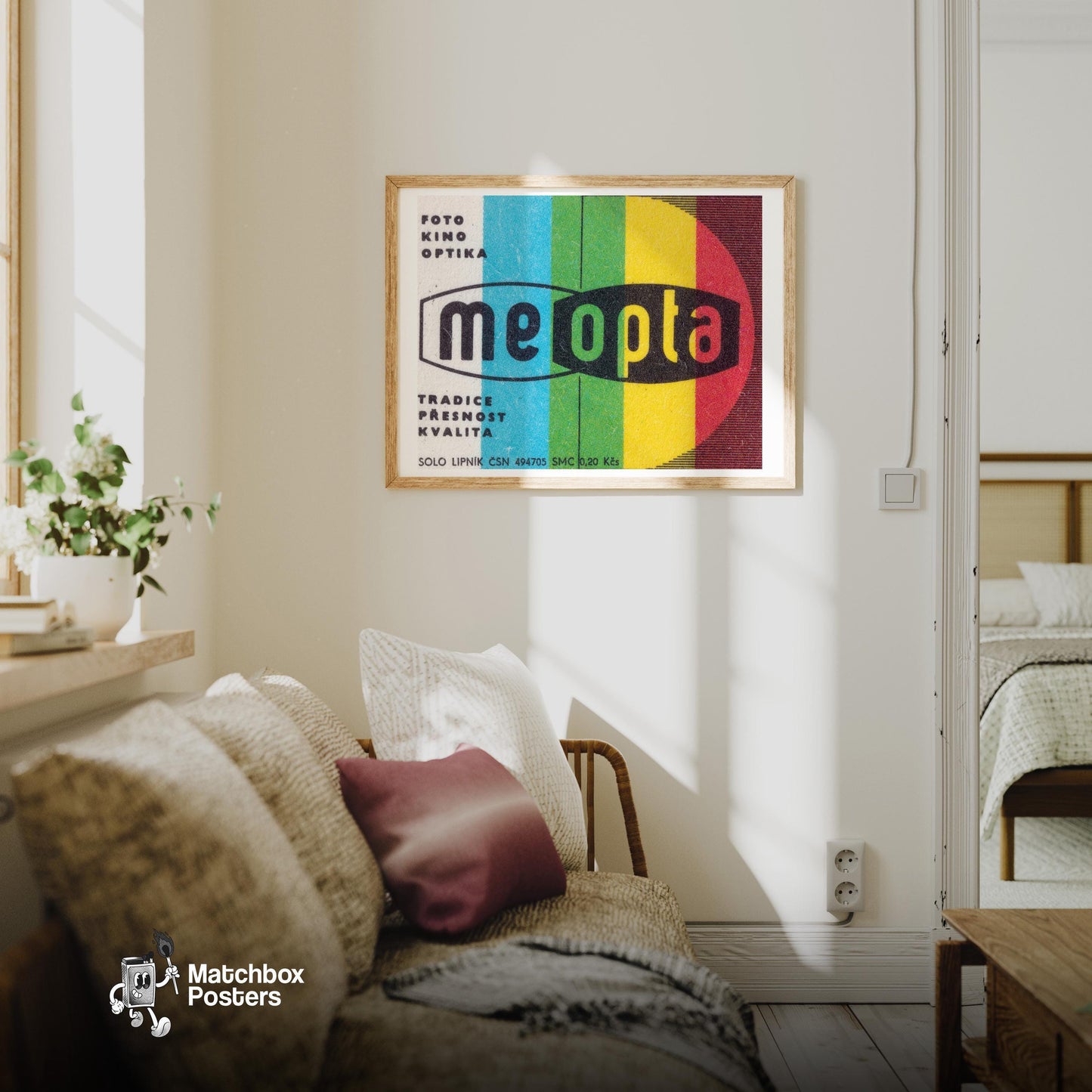 Meopta Brand - vintage matchbox label print - living room mockup