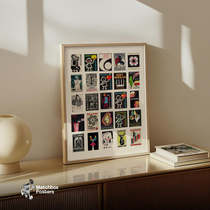 Black Matchbox Grid - vintage matchbox label print - bedroom mockup