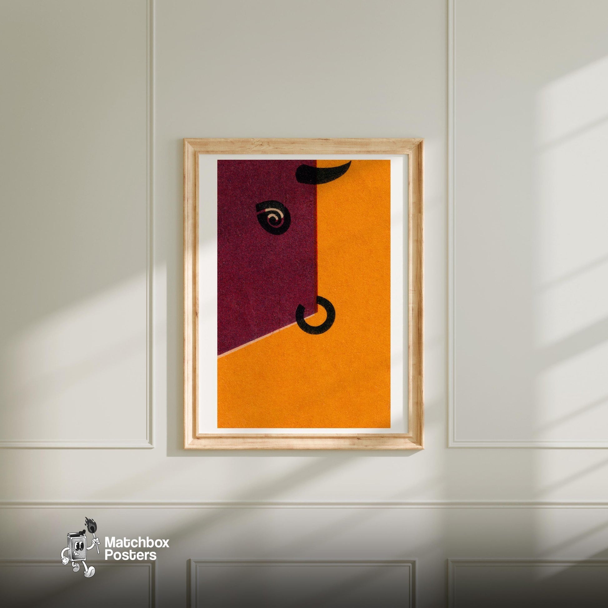 Bull - vintage matchbox label print - bedroom mockup