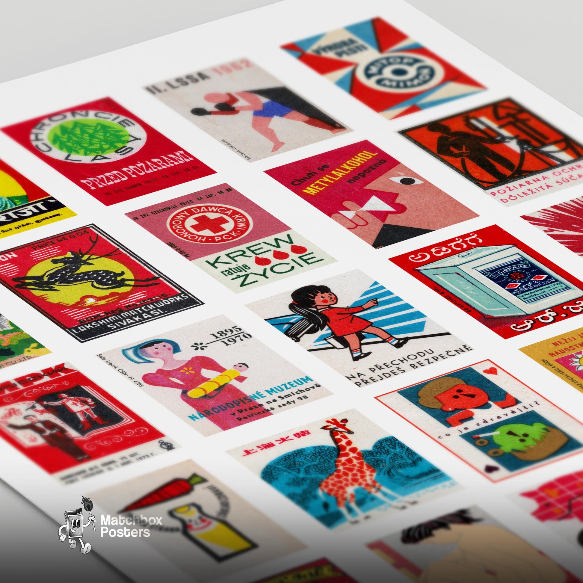 Red Vintage matchbox label grid print - vintage matchbox label print - close-up detail