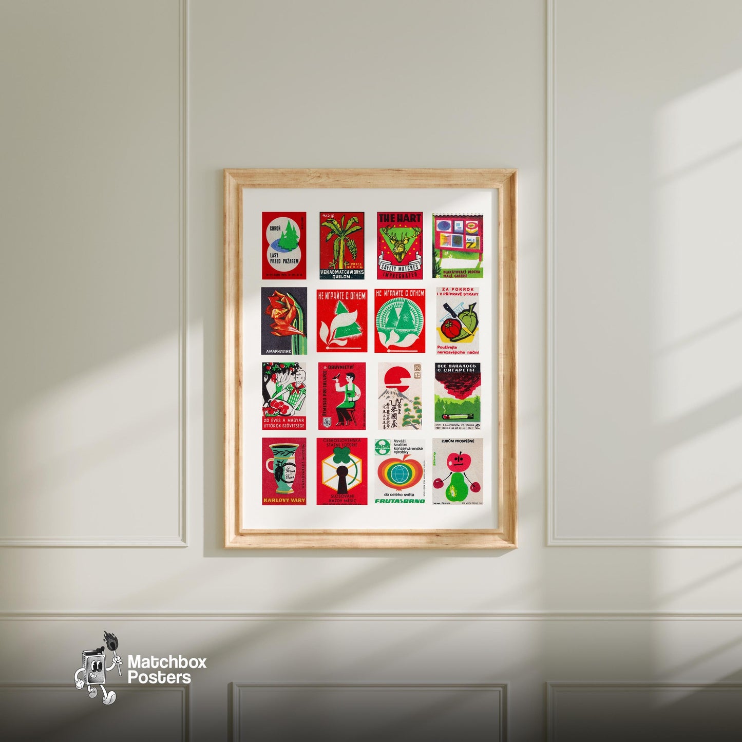 Red and Green Collage - vintage matchbox label print - living room mockup