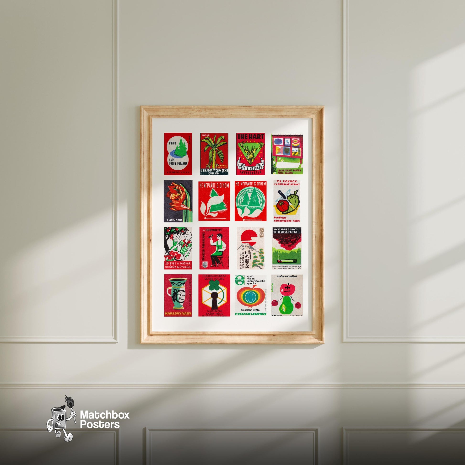 Red and Green Collage - vintage matchbox label print - living room mockup