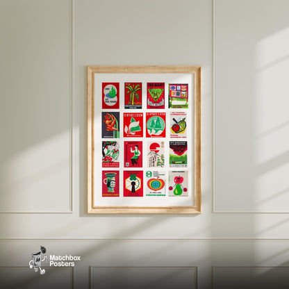 Red and Green Collage - vintage matchbox label print - living room mockup