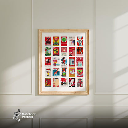 Red Vintage matchbox label grid print - vintage matchbox label print - living room mockup