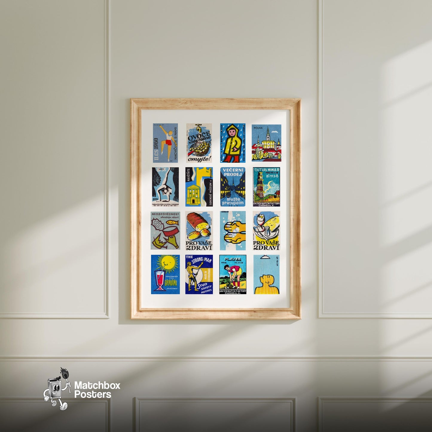 Blue and Yellow Collage - vintage matchbox label print - living room mockup