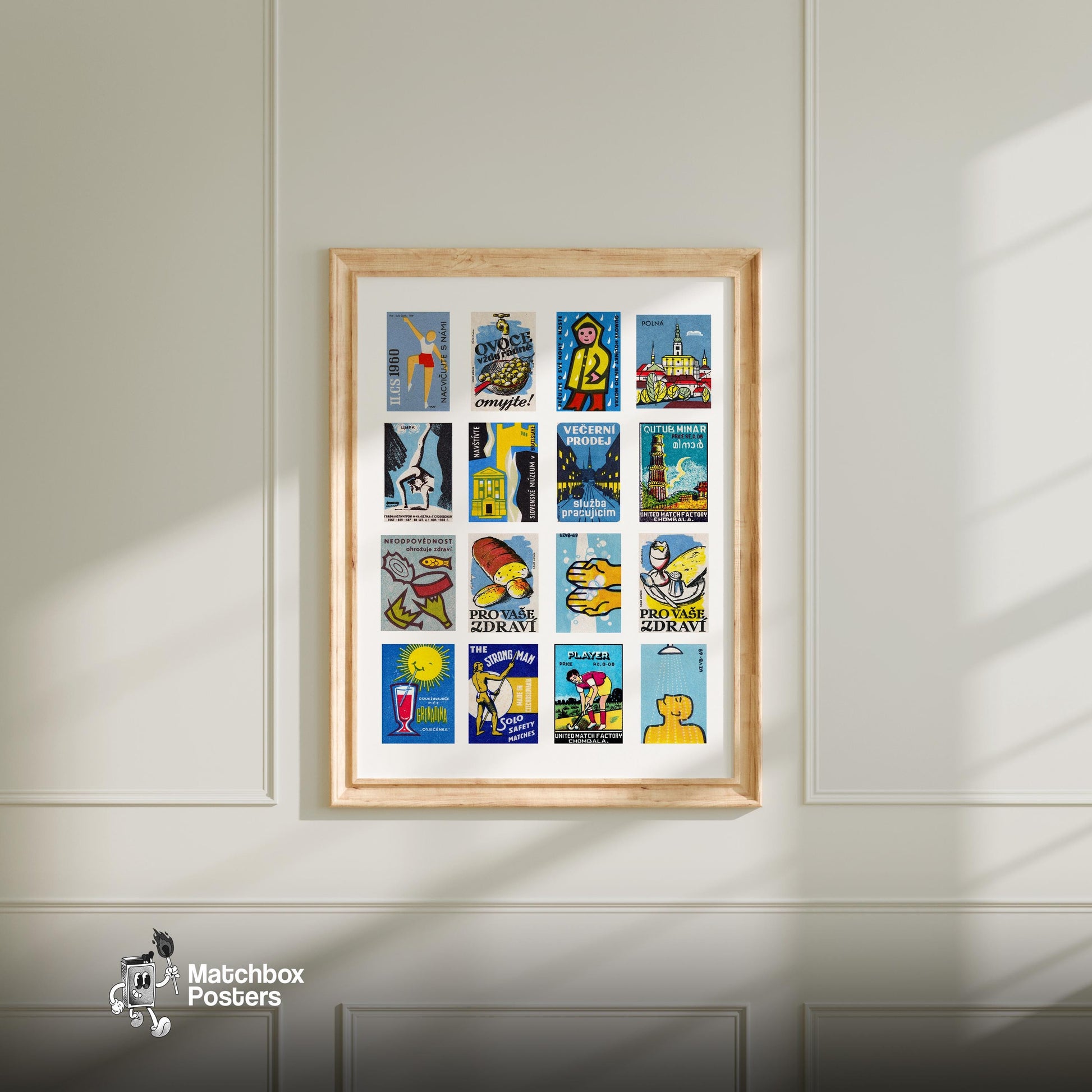 Blue and Yellow Collage - vintage matchbox label print - living room mockup