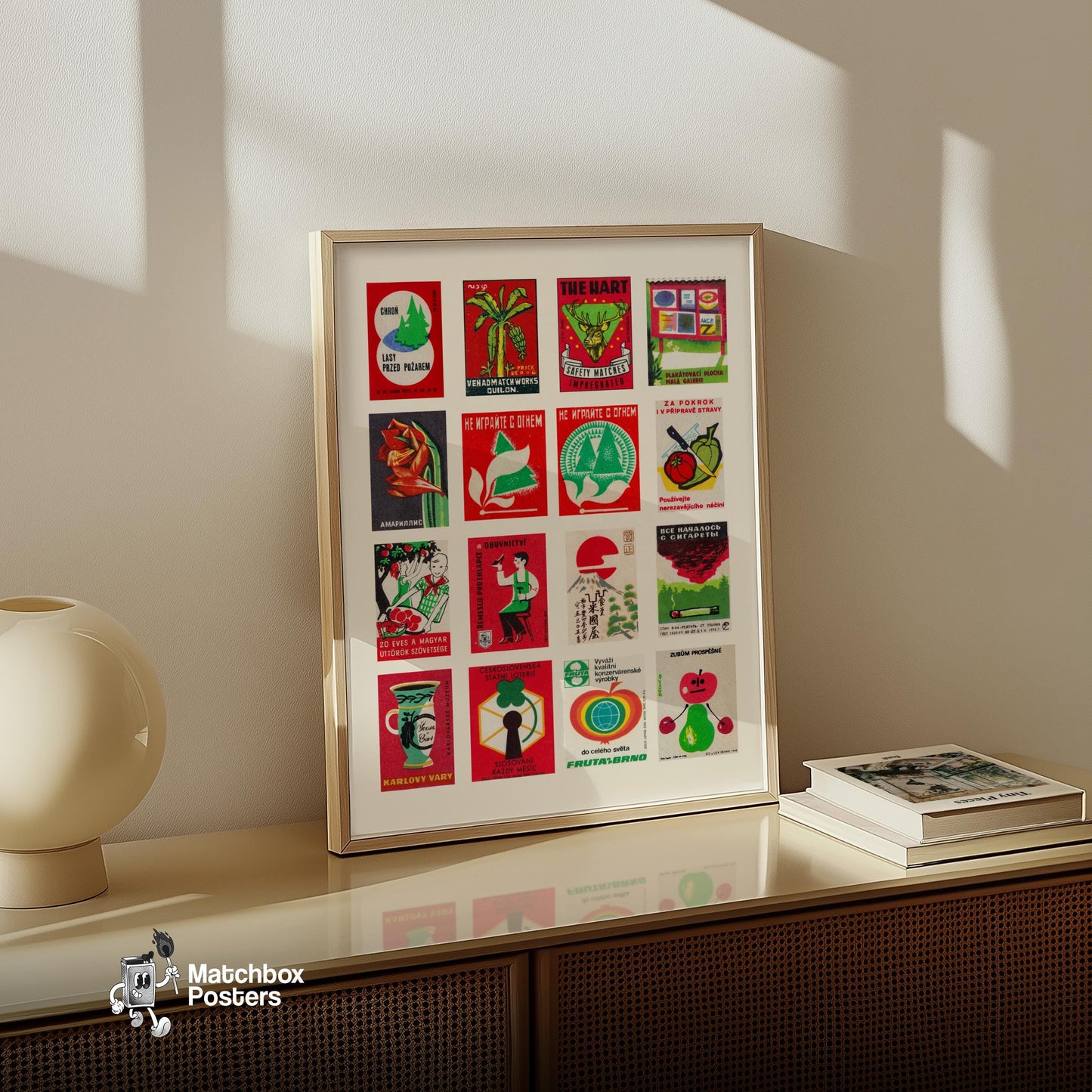 Red and Green Collage - vintage matchbox label print - bedroom mockup