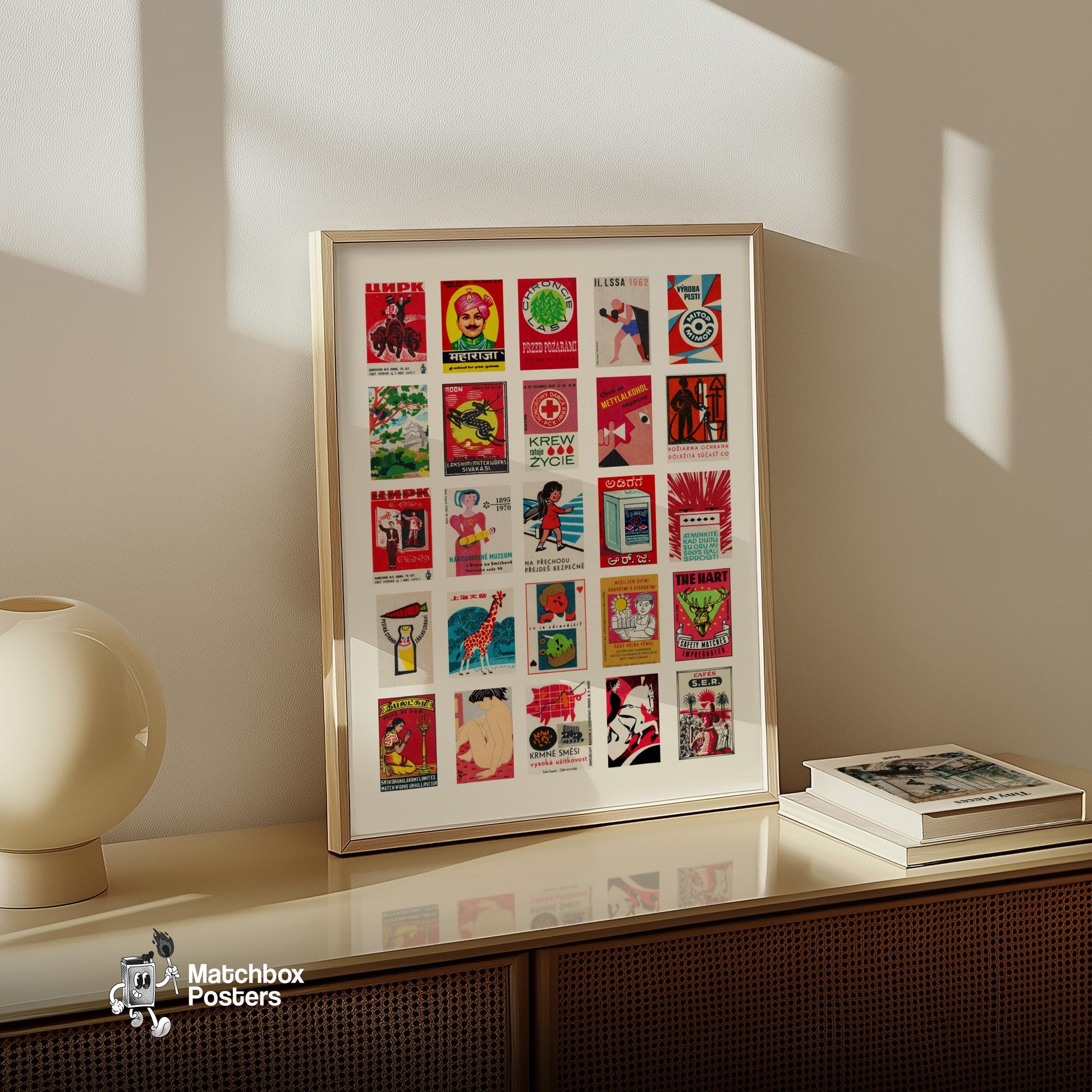 Red Vintage matchbox label grid print - vintage matchbox label print - bedroom mockup