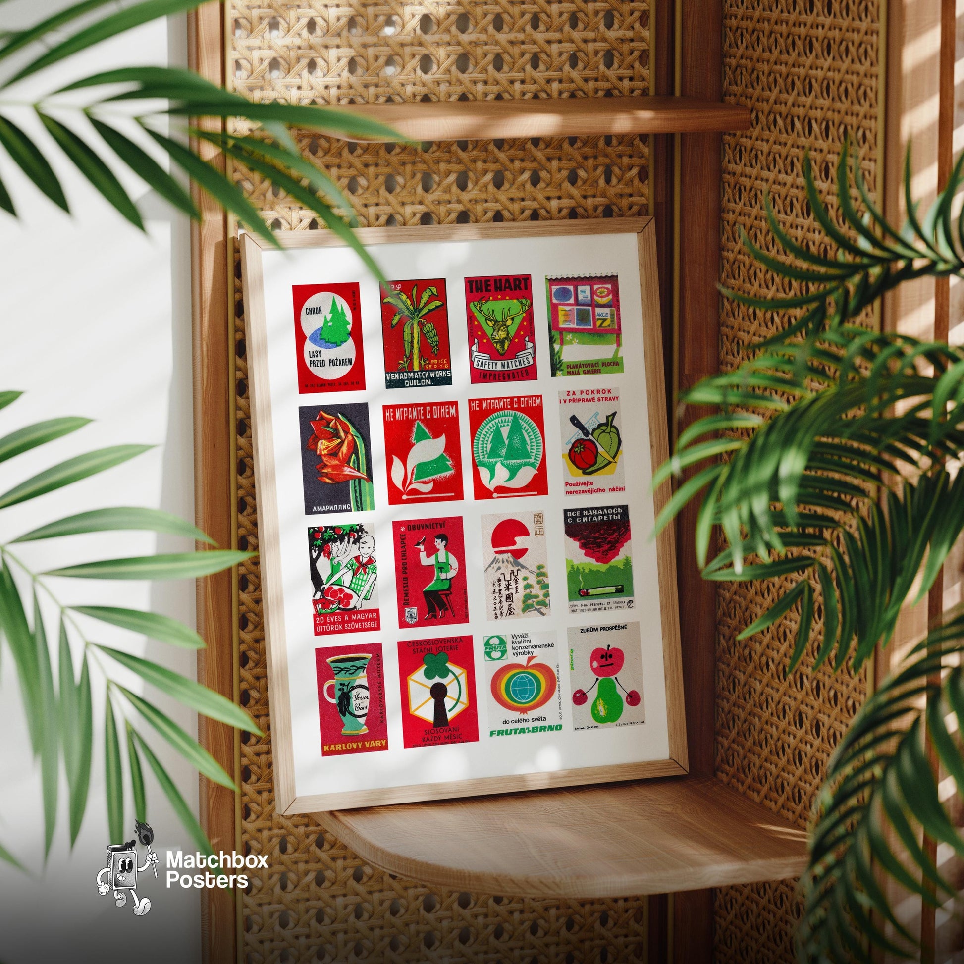 Red and Green Collage - vintage matchbox label print - size comparison