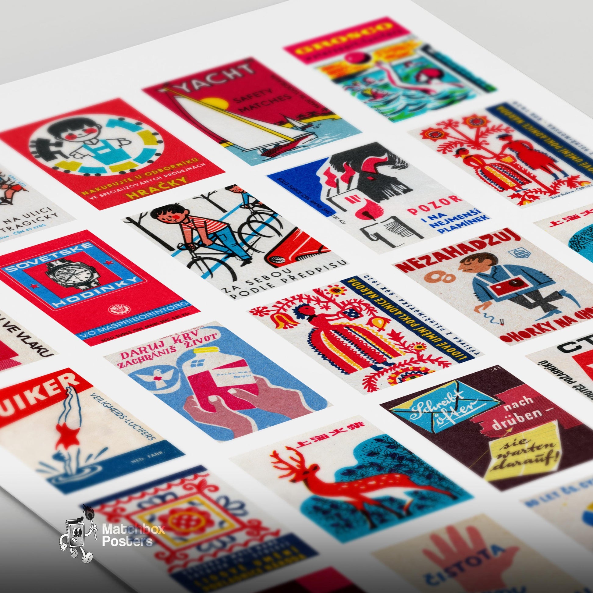 Red Matchbox Grid - vintage matchbox label print - close-up detail