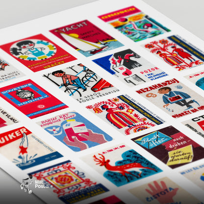 Red Matchbox Grid - vintage matchbox label print - close-up detail