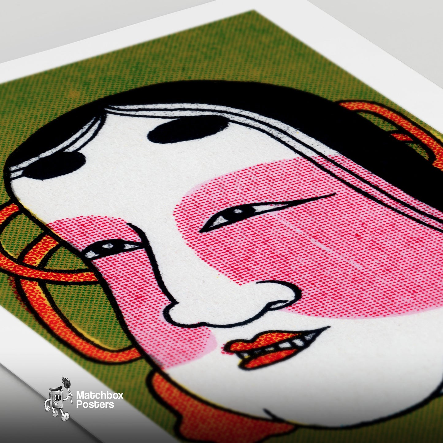 Japanese Mask - vintage matchbox label print - close-up detail
