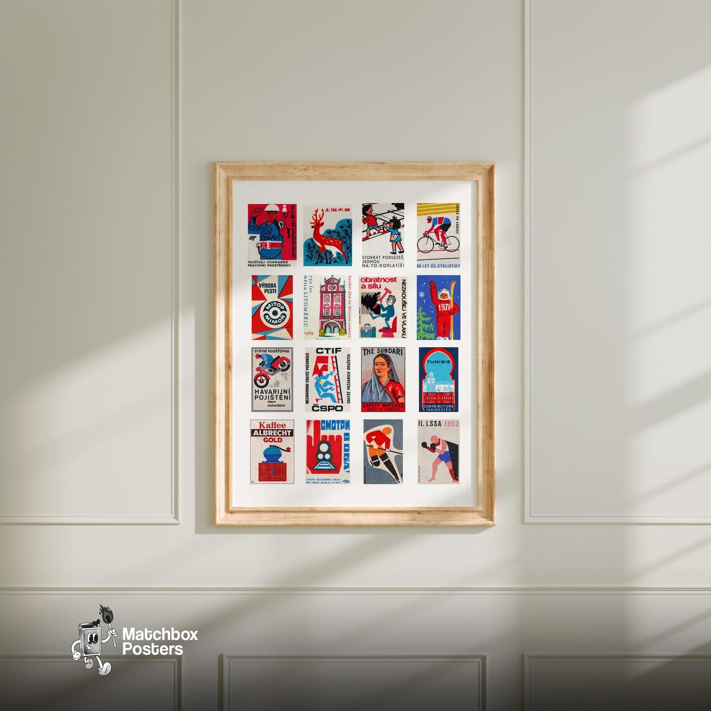 Red and Blue Collage - vintage matchbox label print - living room mockup
